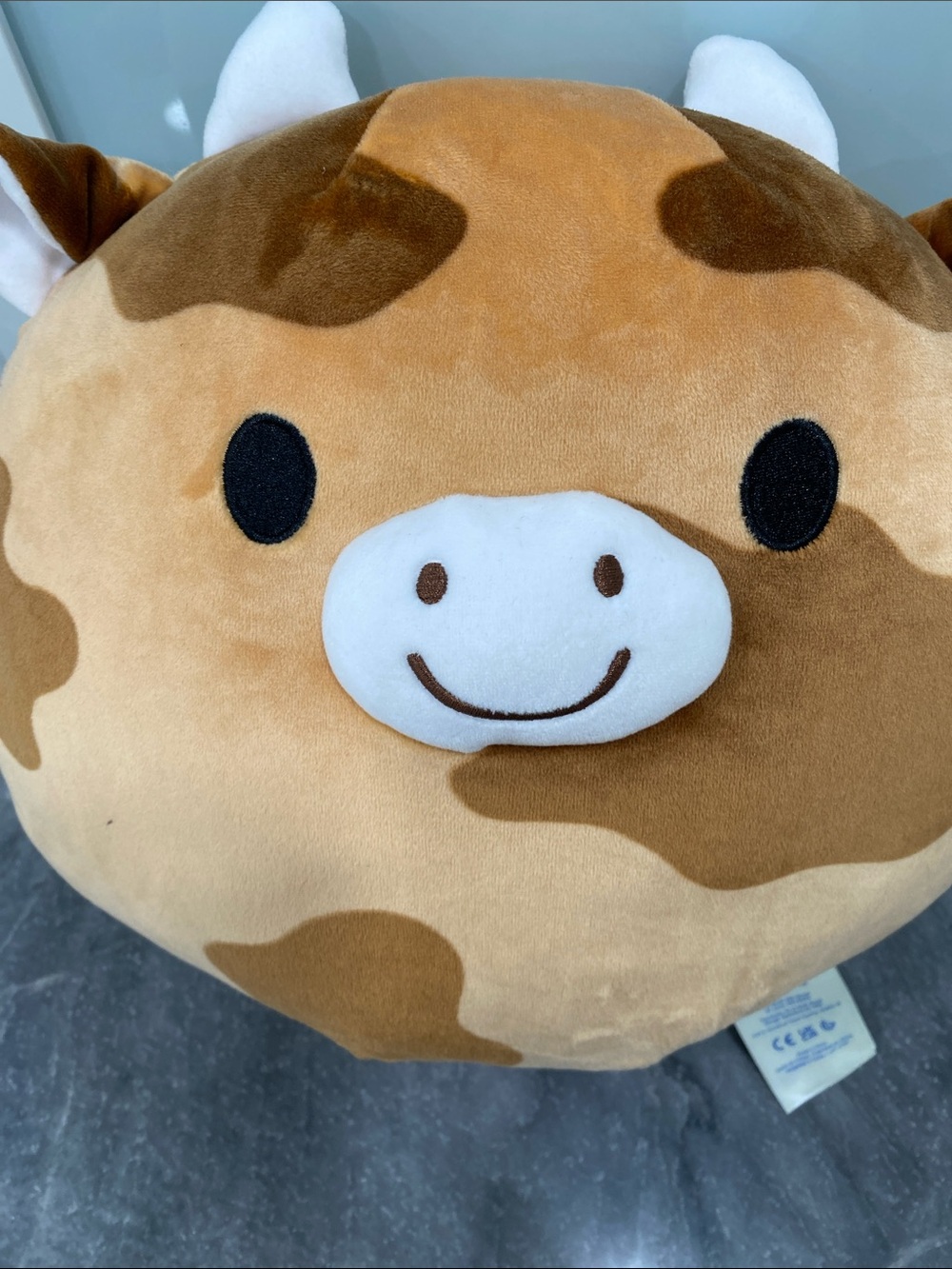 Build a Bear Bull. Brown with Dark Brown spots and White Horns. 12” x 12”